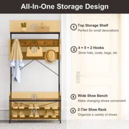Kelvenix Coat Rack 4-In-1 Hall Tree with 2-Tier in Brown - Size: 0.6m2 - thumbnail 3