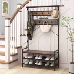 Kelvenix Coat Rack 4-In-1 Hall Tree with 2-Tier in Brown - Size: 0.6m2 - thumbnail 5
