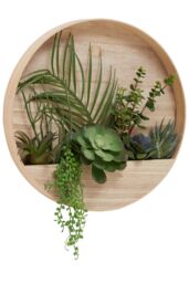 Orsina Mixed Succulents In Wood Wall Planter, Faux Succulents In Round Wooden Frame, Farmhouse Wall Art in Natural - thumbnail 2