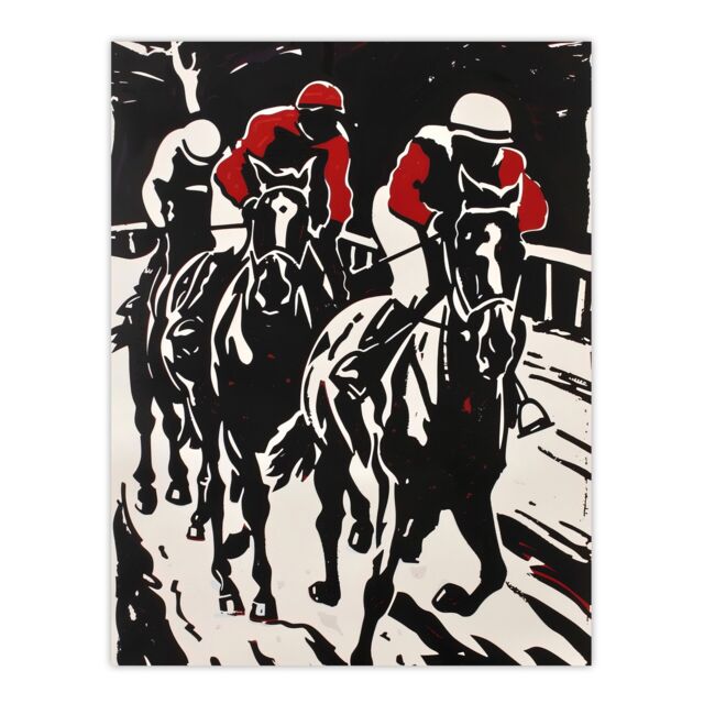 "Artery8 Jockeys in Horse Racing Scene Black Red Modernist Wall Art Print - Size: W18"" x H24""" - image 1
