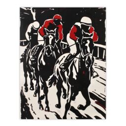 "Artery8 Jockeys in Horse Racing Scene Black Red Modernist Wall Art Print - Size: W18"" x H24""" - thumbnail 1