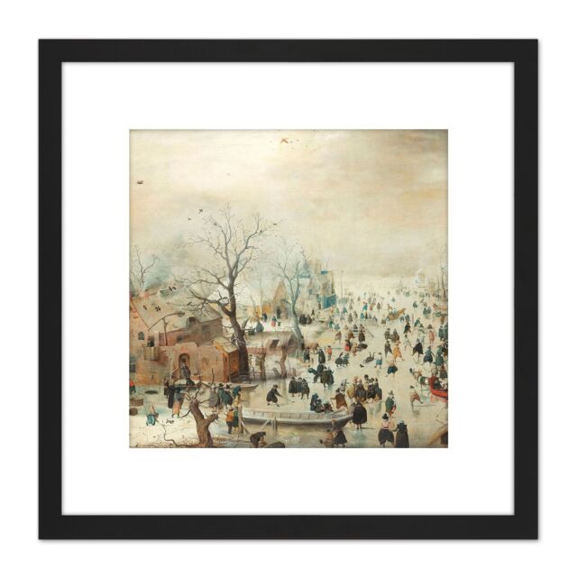 Artery8 Avercamp Winter Landscape Ice Skaters Painting 8X8 Inch Square Wooden Framed Wall Art Print Picture with Mount in Black - image 1