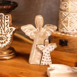 Serenityy Mango Wood Double Angel Figurine - Whitewash in Brown - thumbnail 5