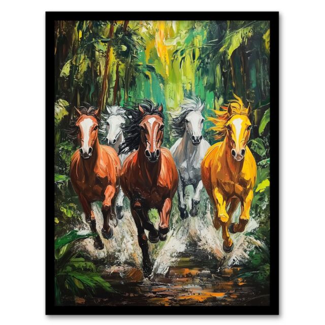 Artery8 Wild Horses Galloping Through Forest Oil Painting Framed Art Print in Green - Size: A4 - image 1