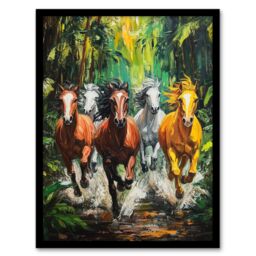 Artery8 Wild Horses Galloping Through Forest Oil Painting Framed Art Print in Green - Size: A4 - thumbnail 1