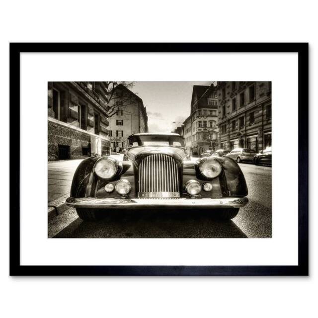 "Artery8 Morgan Oldtimer Vintage Car Black White 12x16"" Framed Wall Art in Grey - Size: W12"" x H16""" - image 1