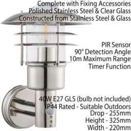 Loops IP44 Outdoor Wall Lamp Stainless Steel Caged Glass PIR Lantern Modern Over Light in Metallics - thumbnail 2