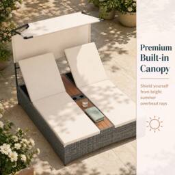 Costway 2-Person Rattan Sun Lounger with Canopy & Central Table in Beige - thumbnail 7