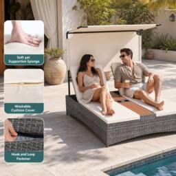 Costway 2-Person Rattan Sun Lounger with Canopy & Central Table in Beige - thumbnail 5