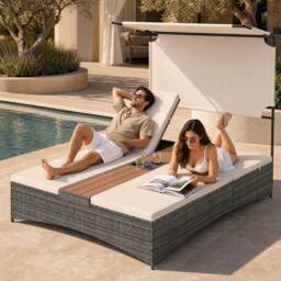 Costway 2-Person Rattan Sun Lounger with Canopy & Central Table in Beige - thumbnail 3