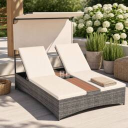 Costway 2-Person Rattan Sun Lounger with Canopy & Central Table in Beige