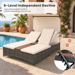 Costway 2-Person Rattan Sun Lounger with Canopy & Central Table in Beige - thumbnail 6