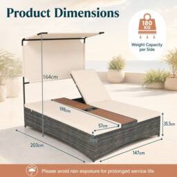 Costway 2-Person Rattan Sun Lounger with Canopy & Central Table in Beige - thumbnail 2