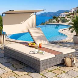Costway 2-Person Rattan Sun Lounger with Canopy & Central Table in Beige - thumbnail 4
