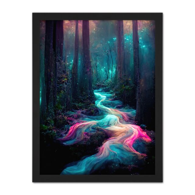 "Artery8 Wall Art Print The Enchanted Forest Magical Fantasy River Large Framed Wall Décor Art in Light Oak - Size: W18"" x H24""" - image 1