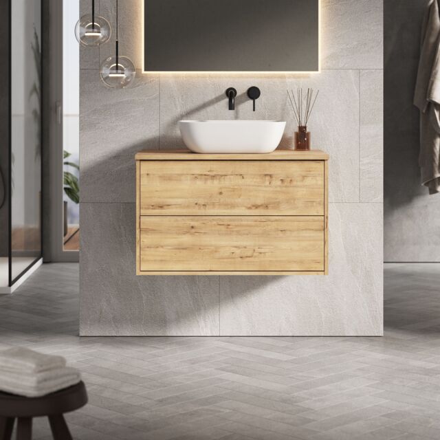 Banyetti Venti 800mm Wall Hung Vanity Unit with Matching Worktop - Ostippo Oak in Light Oak - image 1