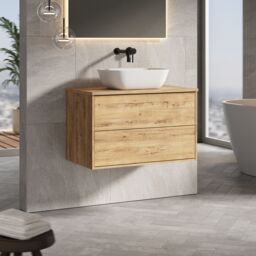 Banyetti Venti 800mm Wall Hung Vanity Unit with Matching Worktop - Ostippo Oak in Light Oak - thumbnail 3