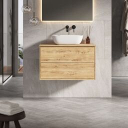 Banyetti Venti 800mm Wall Hung Vanity Unit with Matching Worktop - Ostippo Oak in Light Oak