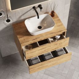 Banyetti Venti 800mm Wall Hung Vanity Unit with Matching Worktop - Ostippo Oak in Light Oak - thumbnail 4