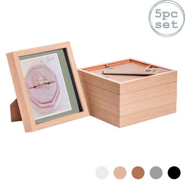 "Nicola Spring 3D Box Photo Frames - 8 x 8"" with 6 x 6"" Mount - White Mount - Pack of 5 in Light Brown" - image 1