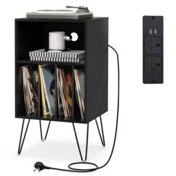 Gymax Record Player Stand 3-Tier Turntable Vinyl Storage With Charging Station in Black - thumbnail 1