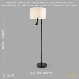 Happy Homewares Modern Black Floor Light with LED Adjustable Spot Lamp & White Cotton Shade - thumbnail 6