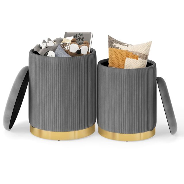 Gymax 2 Pack Velvet Round Footstools Nesting Storage Ottoman Vanity Chair in Grey - image 1