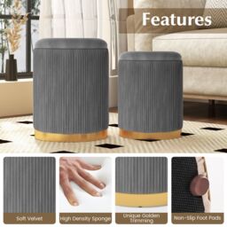 Gymax 2 Pack Velvet Round Footstools Nesting Storage Ottoman Vanity Chair in Grey - thumbnail 5