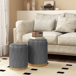 Gymax 2 Pack Velvet Round Footstools Nesting Storage Ottoman Vanity Chair in Grey - thumbnail 6