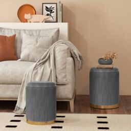 Gymax 2 Pack Velvet Round Footstools Nesting Storage Ottoman Vanity Chair in Grey - thumbnail 7