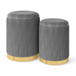 Gymax 2 Pack Velvet Round Footstools Nesting Storage Ottoman Vanity Chair in Grey - thumbnail 8