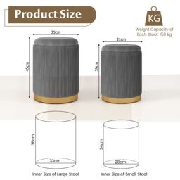 Gymax 2 Pack Velvet Round Footstools Nesting Storage Ottoman Vanity Chair in Grey - thumbnail 2