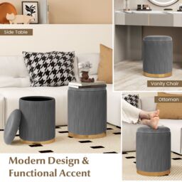 Gymax 2 Pack Velvet Round Footstools Nesting Storage Ottoman Vanity Chair in Grey - thumbnail 3