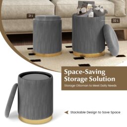 Gymax 2 Pack Velvet Round Footstools Nesting Storage Ottoman Vanity Chair in Grey - thumbnail 4