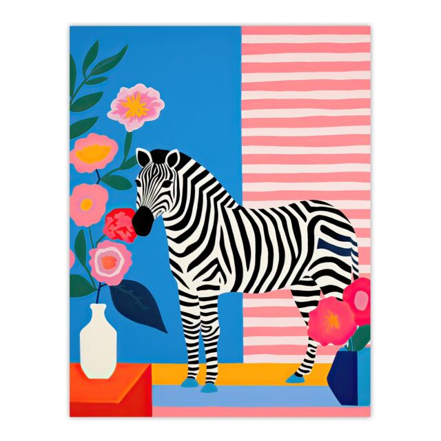 Artery8 Wall Art Print Stripe Harmony Vibrant Painting Whimsical Scene with a Zebra in a Striped Room Surrounded by Blooming Flowers Poster - image 1