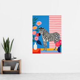 Artery8 Wall Art Print Stripe Harmony Vibrant Painting Whimsical Scene with a Zebra in a Striped Room Surrounded by Blooming Flowers Poster - thumbnail 4