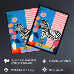 Artery8 Wall Art Print Stripe Harmony Vibrant Painting Whimsical Scene with a Zebra in a Striped Room Surrounded by Blooming Flowers Poster - thumbnail 2
