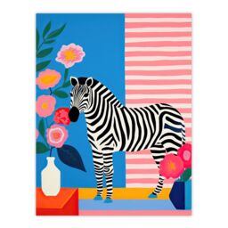 Artery8 Wall Art Print Stripe Harmony Vibrant Painting Whimsical Scene with a Zebra in a Striped Room Surrounded by Blooming Flowers Poster - thumbnail 1