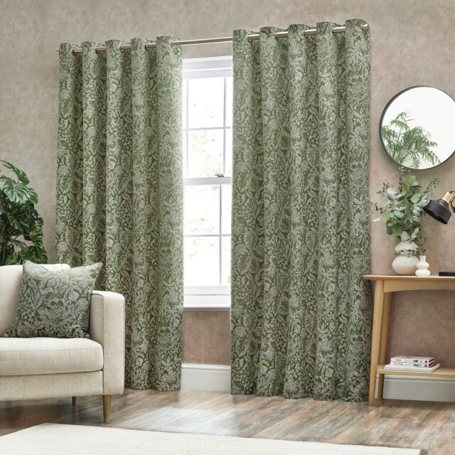 Wylder Nature Bali Botanical Jacquard Eyelet Curtains in Olive - Size: 117 cm width x 183 cm drop - image 1