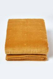 Homescapes Velvet Quilted Throw 100% Cotton, Soft & Luxurious Blanket in Mustard - Size: 125 cm x 150 cm - thumbnail 2
