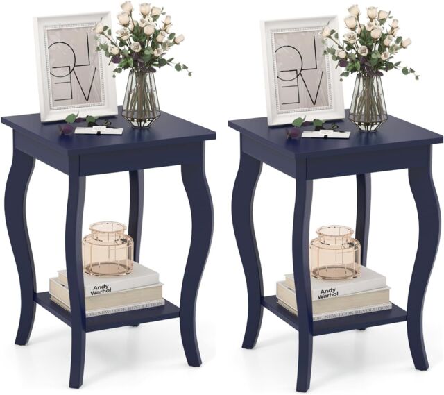 Gymax Set of 2 End Tables 2-Tier Accent Table Shelf with Elegant Curved Legs in Blue - image 1