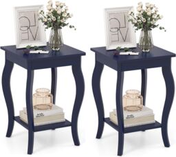 Gymax Set of 2 End Tables 2-Tier Accent Table Shelf with Elegant Curved Legs in Blue - thumbnail 1