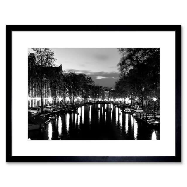 "Artery8 Amsterdam Channels Night Lights Black White 12x16"" Framed Art Print - Size: W12"" x H16""" - image 1