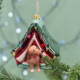 The Alphabet Gift Shop Dog In A Tent Bauble in Red