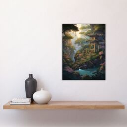 "Artery8 Wall Art Print Japan Garden Painting Traditional Tower & Tree Lanterns by Lake Spring Flowers & Bridge Poster in Green - Size: W18"" x H24""" - thumbnail 4