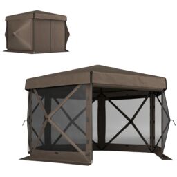 OUTSUNNY 3 x 3(m) Hexagon Pop Up Gazebo with 5 Sides, Netting in Brown - thumbnail 2