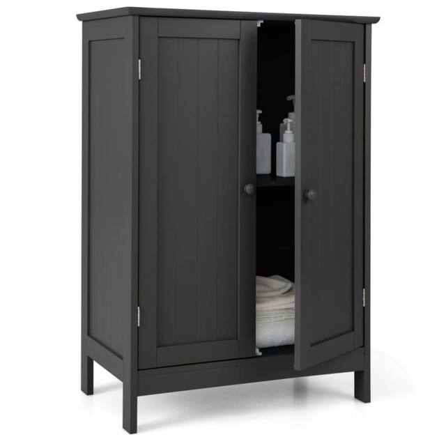 Costway Bathroom Floor Cabinet Wooden Freestanding Storage Cupboard with Adjustable Shelf Black - image 1