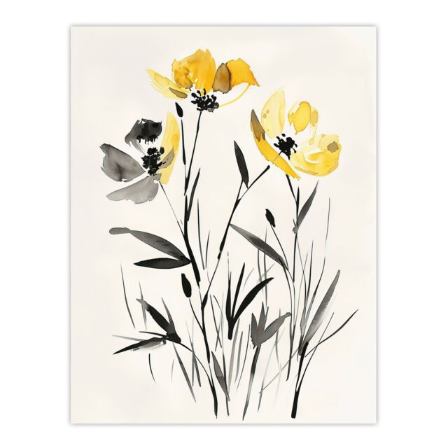 "Artery8 Wildflower Blooms Black White Yellow Watercolour Wall Art Print - Size: W24"" x H32""" - image 1