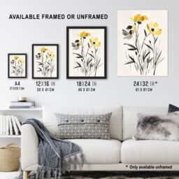 "Artery8 Wildflower Blooms Black White Yellow Watercolour Wall Art Print - Size: W24"" x H32""" - thumbnail 3