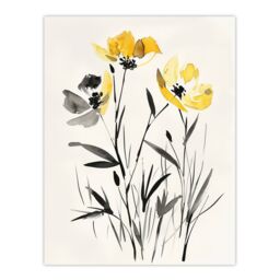 "Artery8 Wildflower Blooms Black White Yellow Watercolour Wall Art Print - Size: W24"" x H32""" - thumbnail 1